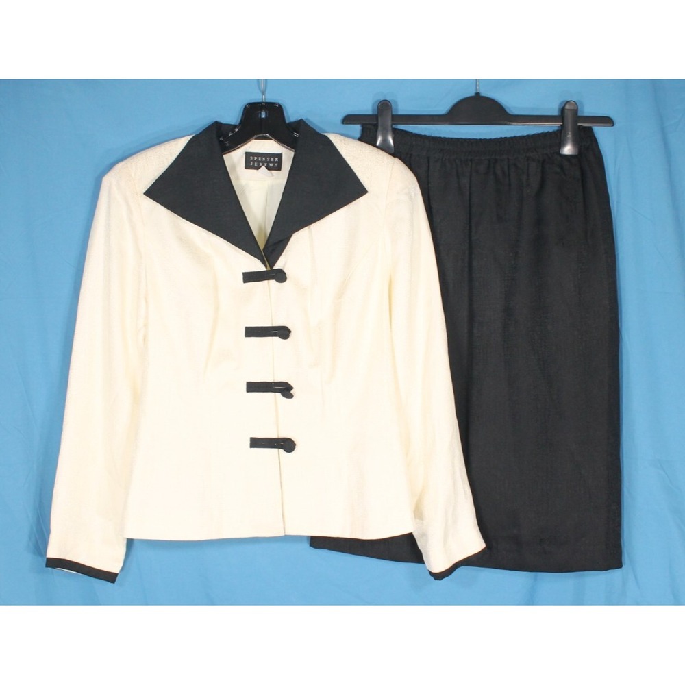SPENSER JEREMY Ivory/Black SILK Button/Snap Closer JACKET/SKIRT Outfit Set Sz 8